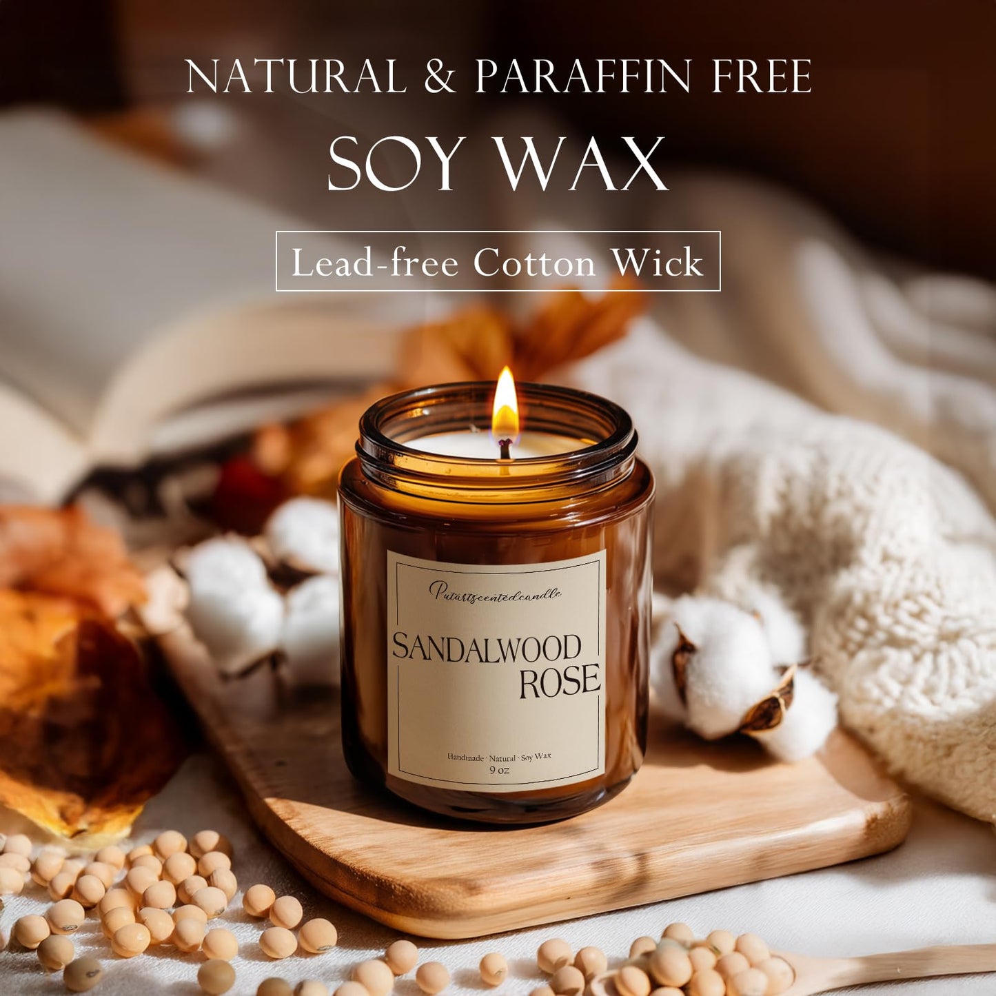 Putart Sandalwood & Rose Scented Candle – Natural Soy Wax 9oz Jar | Aromatherapy, Stress Relief Gift for Men & Women