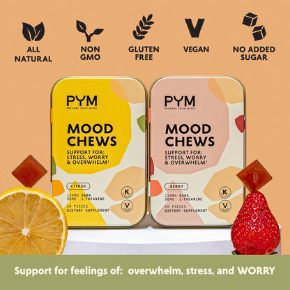 PYM Citrus Mood Chews – 120 Count for Stress Support | GABA 130 mg, L-Theanine 90 mg | Vegan, Gluten-Free, No Added Sugar | USA Made