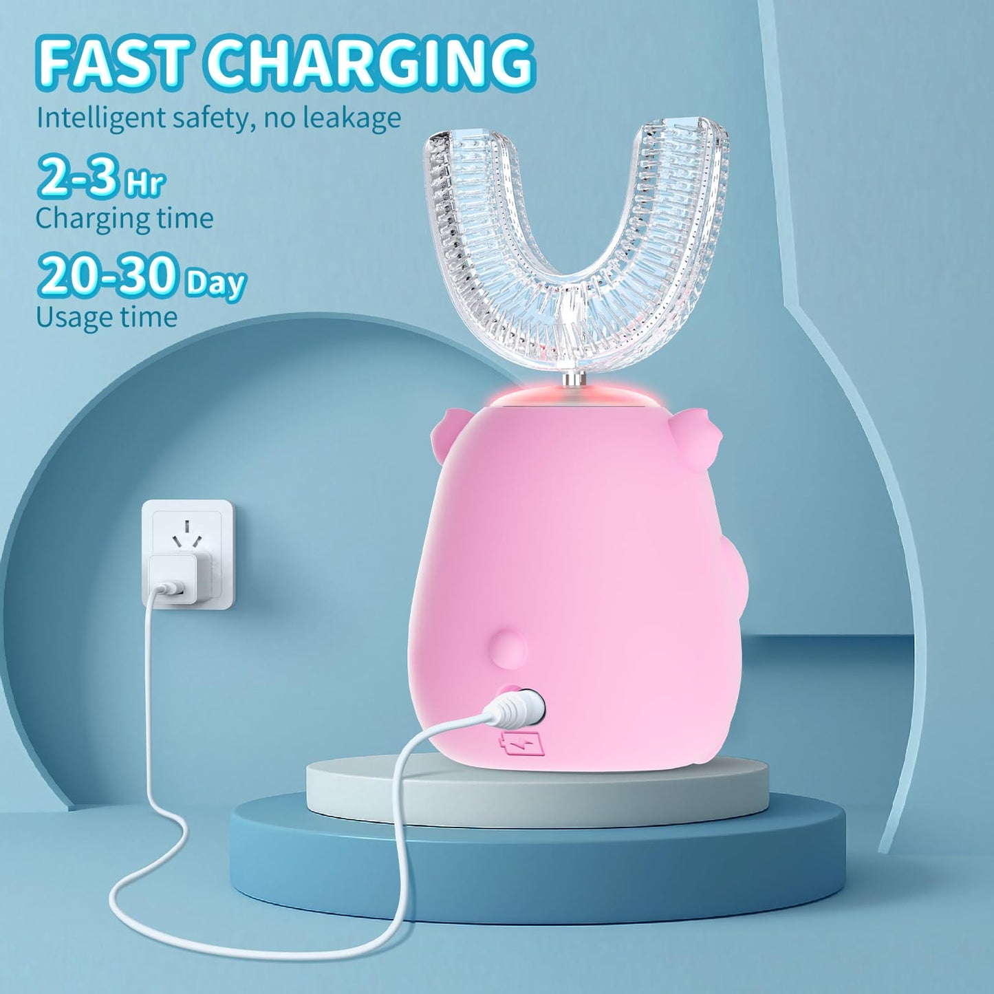 QDCYP Kids U-Shaped Electric Toothbrush (6-12) – 360° Sonic Cleaning, 6 Modes, 4 Heads, Koala Pink