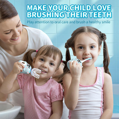 QDCYP Kids U-Shaped Electric Toothbrush – 360° Sonic Cleaning, 6 Modes, 4 Brush Heads, Koala Design (Ages 6-12, Grey Blue)