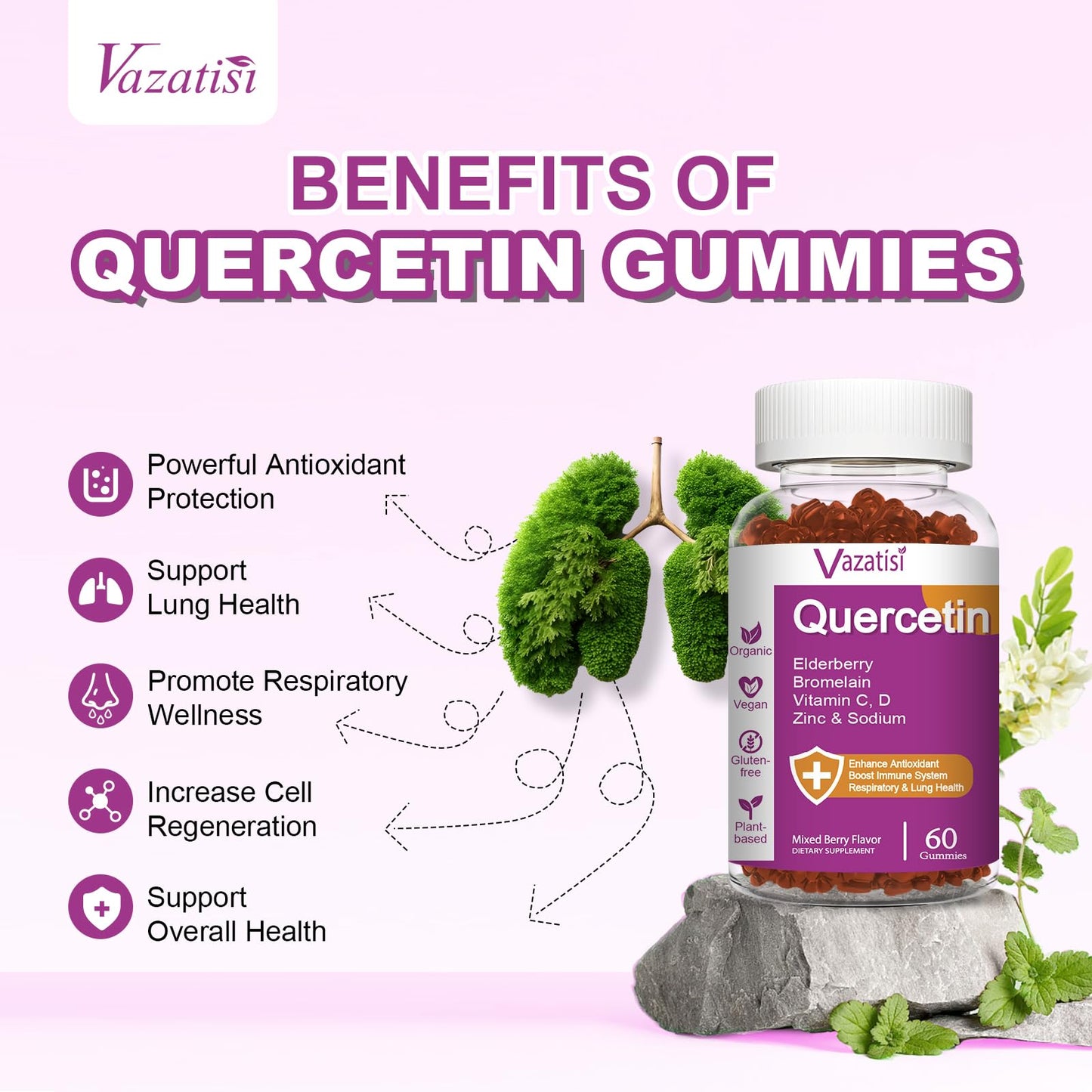 Quercetin Gummies, Quercetin with Vitamin C Zinc, Bromelain, Elderberry and Vitamin D, Immune Support Adults Kids, Women Men 120 Gummies Chewable