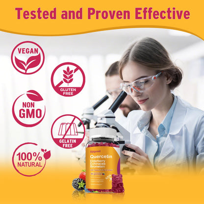 Quercetin Gummies with Bromelain, Elderberry, Echinacea, Vitamin C D Zinc - Immune System Support 60 Counts Pure Quercetin Gummies for Kids & Adults