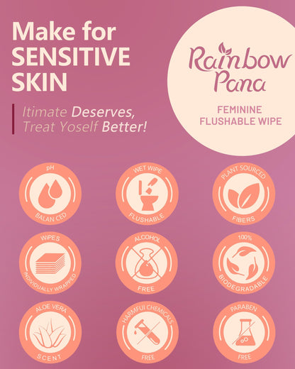 RainbowPana Feminine Wipes - 40 Count On-The-Go, Flushable Travel Wipes for Women | Aloe, Portulaca, Vitamin E | pH Balanced, Biodegradable