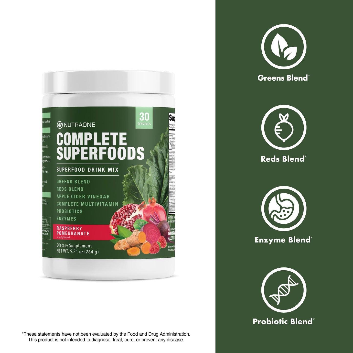 Complete Superfoods, Greens & Reds Blend*, Apple Cider Vinegar, Digestive Enzyme Blend*, Probiotic Blend*, Multivitamin* (Raspberry Pomegranate - 30 Servings)