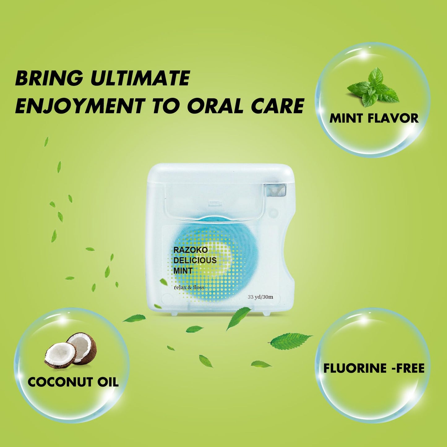 RAZOKO Coconut Oil Infused Woven Dental Floss – Vegan, Cruelty-Free, Mint, 33 Yds x 2 Units (4-Month Supply)