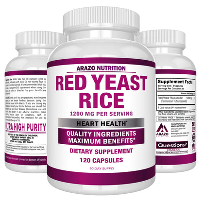 Arazo Nutrition Red Yeast Rice Extract 1200 mg – Citrinin Free – Vegetarian 120 Capsules