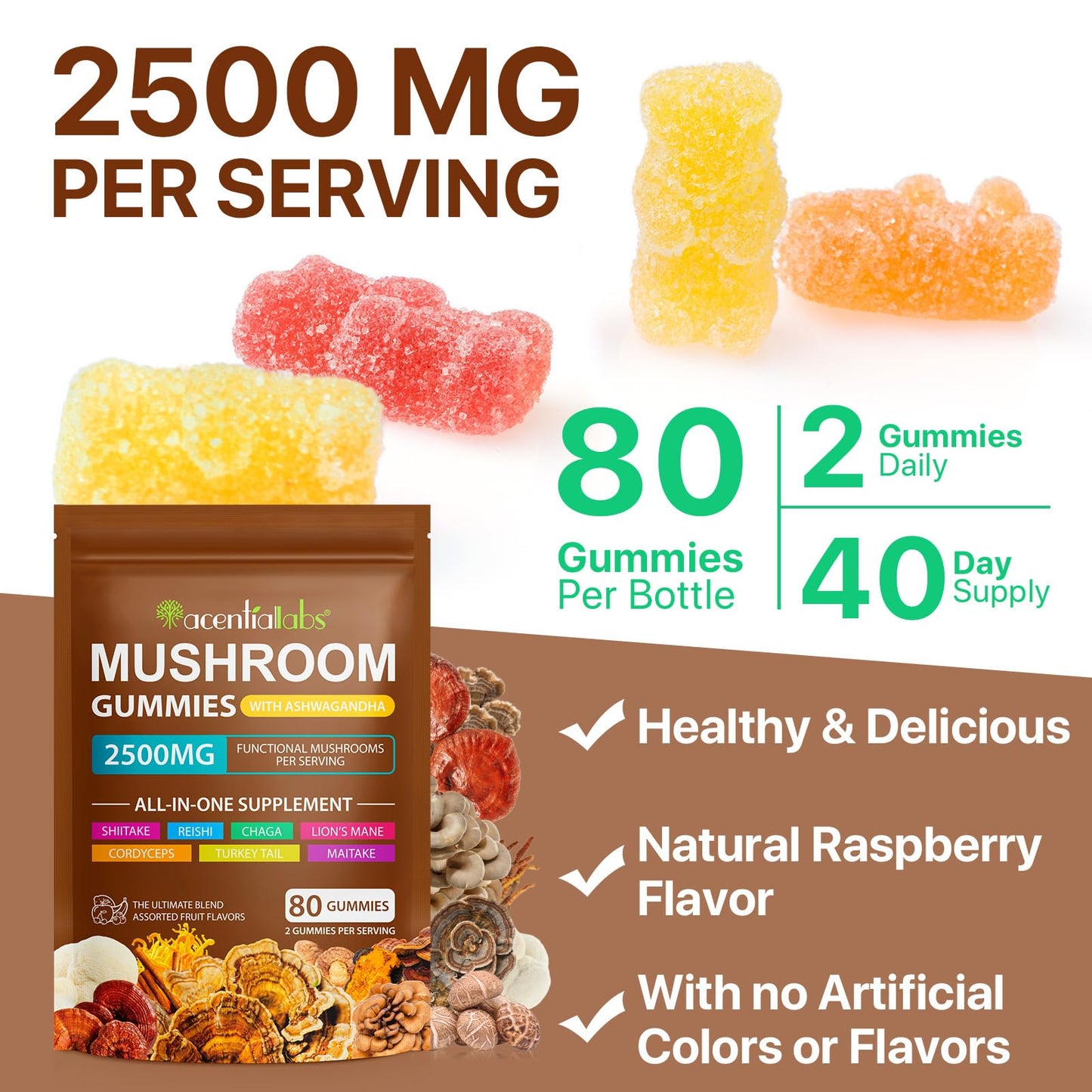 Lions Mane Mushroom Gummies Supplement Blend Organic Reishi, Cordyceps & More, Boosts Energy, Memory, Immunity - 80 Gummies (2)