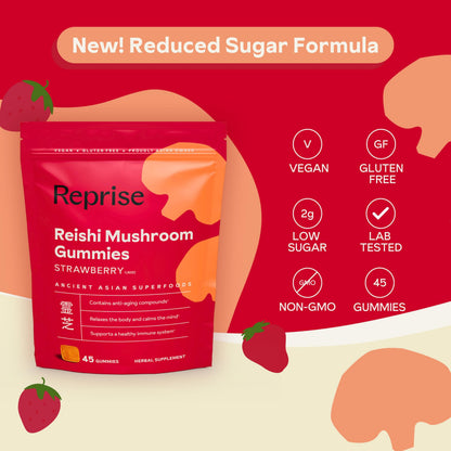 Reishi Mushroom Gummies | Hongo Reishi Mushroom Supplement Gummies (Lingzhi, Ganoderma Lucidum) | Full Spectrum Stress Gummies for Adults | Red Reishi Mushroom | Strawberry Flavor | 45 Count
