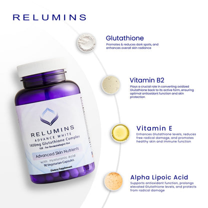 Relumins 1650mg Glutathione Complex – Hyaluronic Acid, USA Made | 90 Capsules