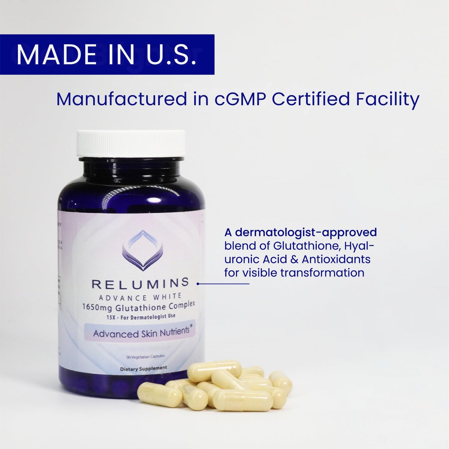 Relumins 1650mg Glutathione Complex – Hyaluronic Acid, USA Made | 90 Capsules
