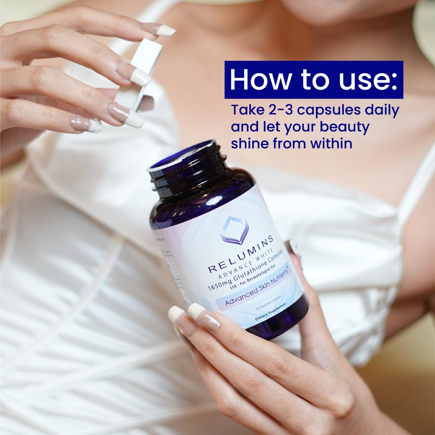 Relumins 1650mg Glutathione Complex – Hyaluronic Acid, USA Made | 90 Capsules