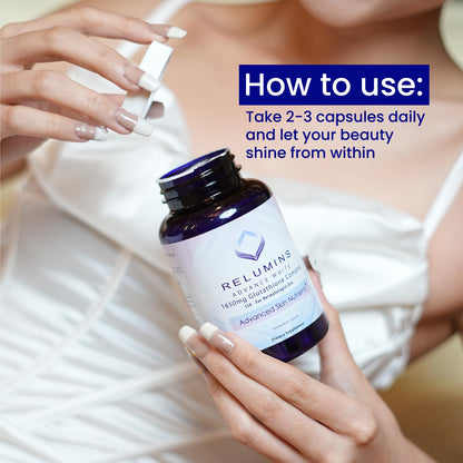 Relumins 1650mg Glutathione Complex – Hyaluronic Acid, USA Made | 90 Capsules