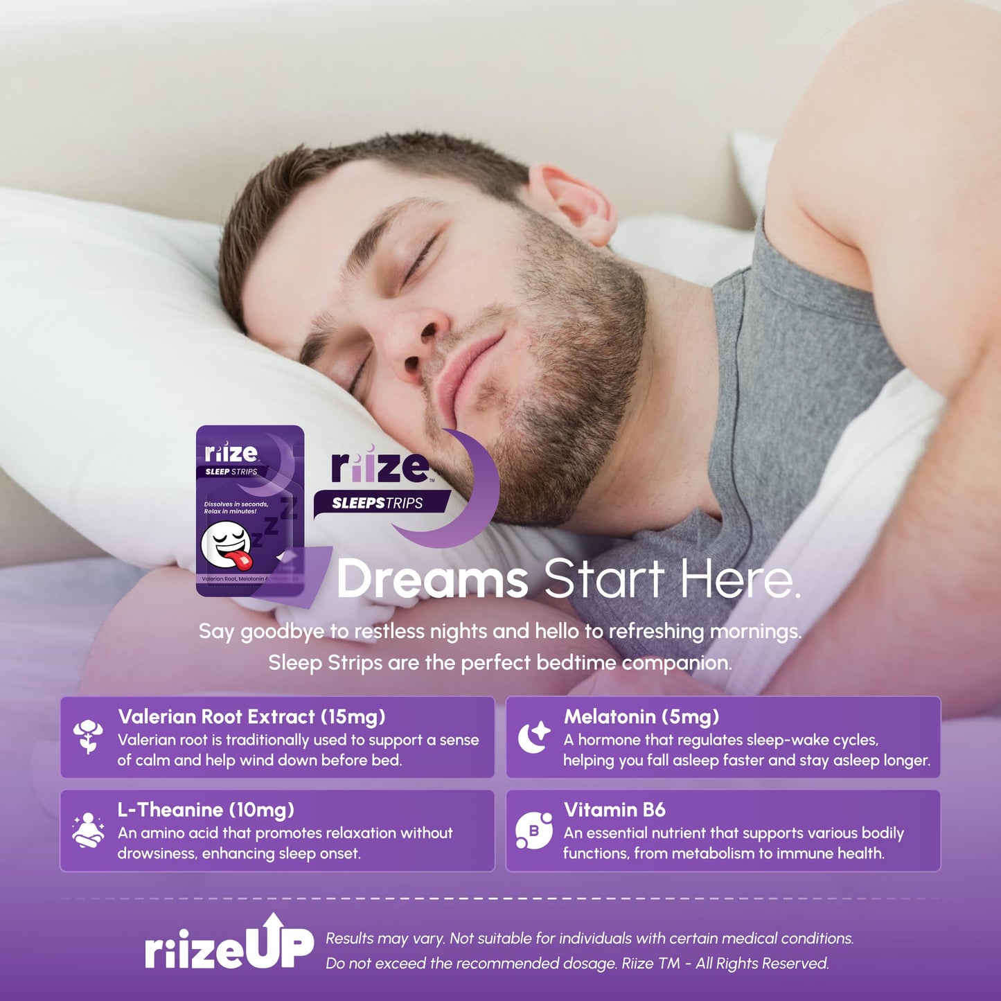 Riize Sleep Strips – Fast Acting Melatonin Sleep Aid, 30 Count (Vegan)