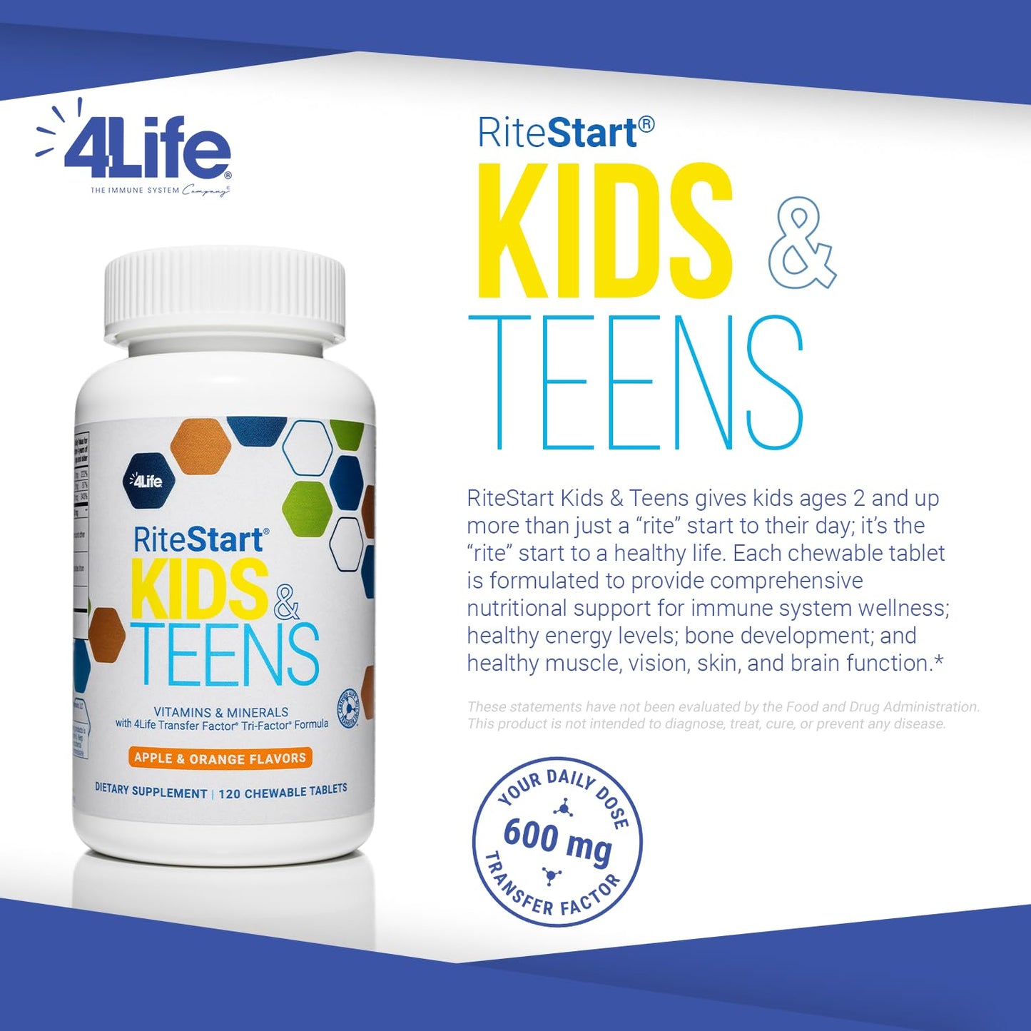 4Life RiteStart Kids & Teens – Apple & Orange Flavor, 120 Chewable Tablets, Immune & Brain Support (Ages 2+)