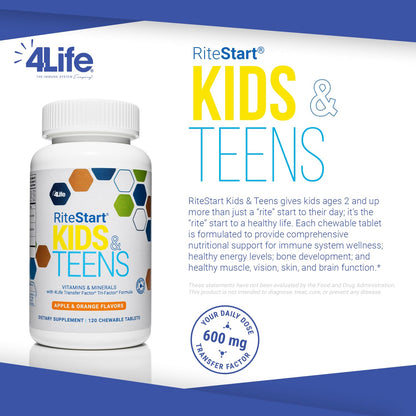 4Life RiteStart Kids & Teens – Apple & Orange Flavor, 120 Chewable Tablets, Immune & Brain Support (Ages 2+)