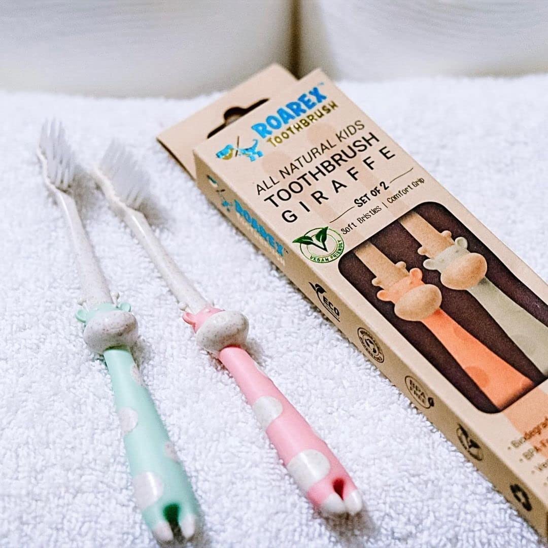 ROARex All-Natural Kids Toothbrushes - Giraffe (4-36m) Mint/Rose | 4pk | 1% for The Planet