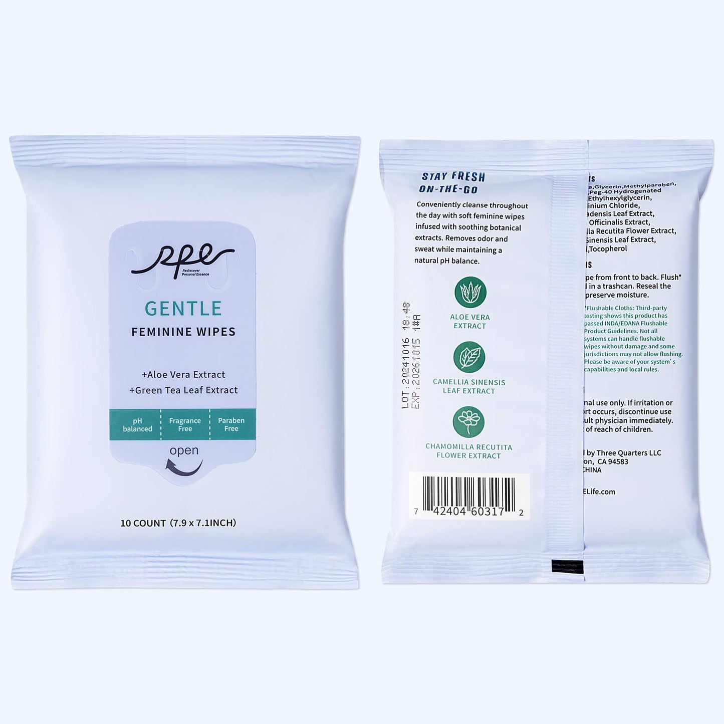 RPE Life Large Feminine Wipes – pH Balanced, Unscented, Flushable (10ct x 4)