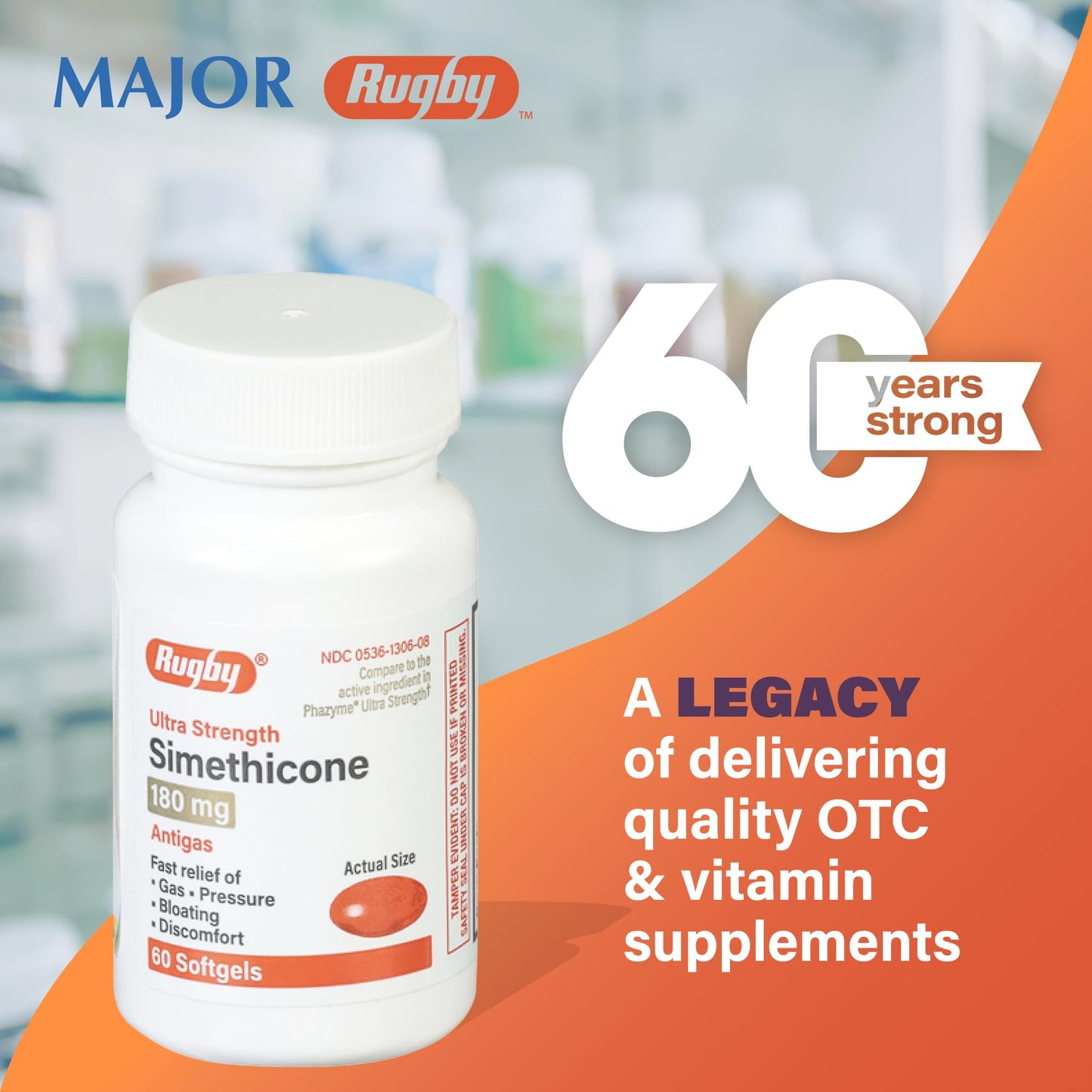 Rugby Ultra Strength Simethicone Gas Relief 180 mg — 60 Softgels (12 Pack)