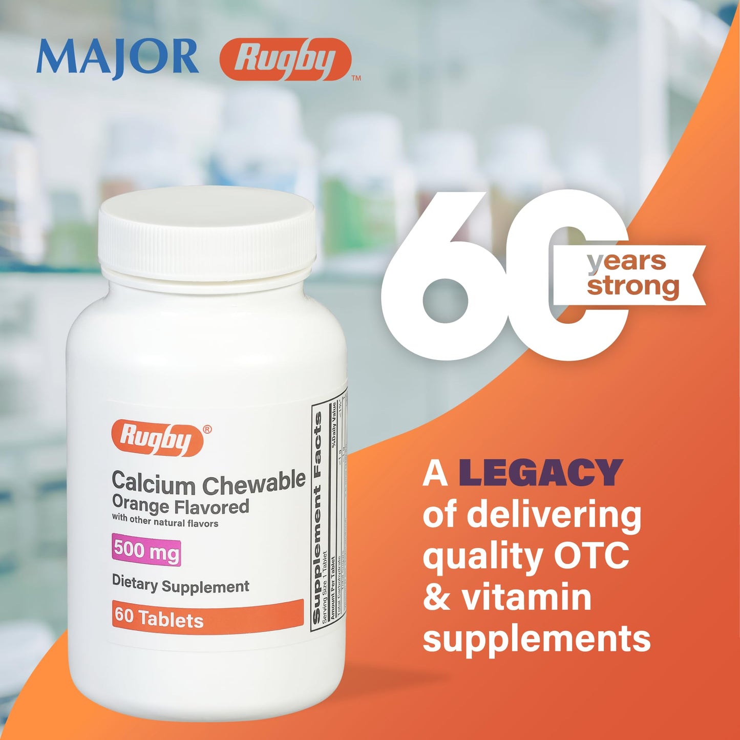 Rugby 500mg Calcium Chewable Tablets – Orange Flavor – 60 Count (4 Pack)