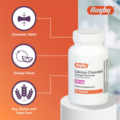 Rugby 500mg Calcium Chewable Tablets – Orange Flavor, Vitamin D 100 IU, 60 Count (3 Pack)