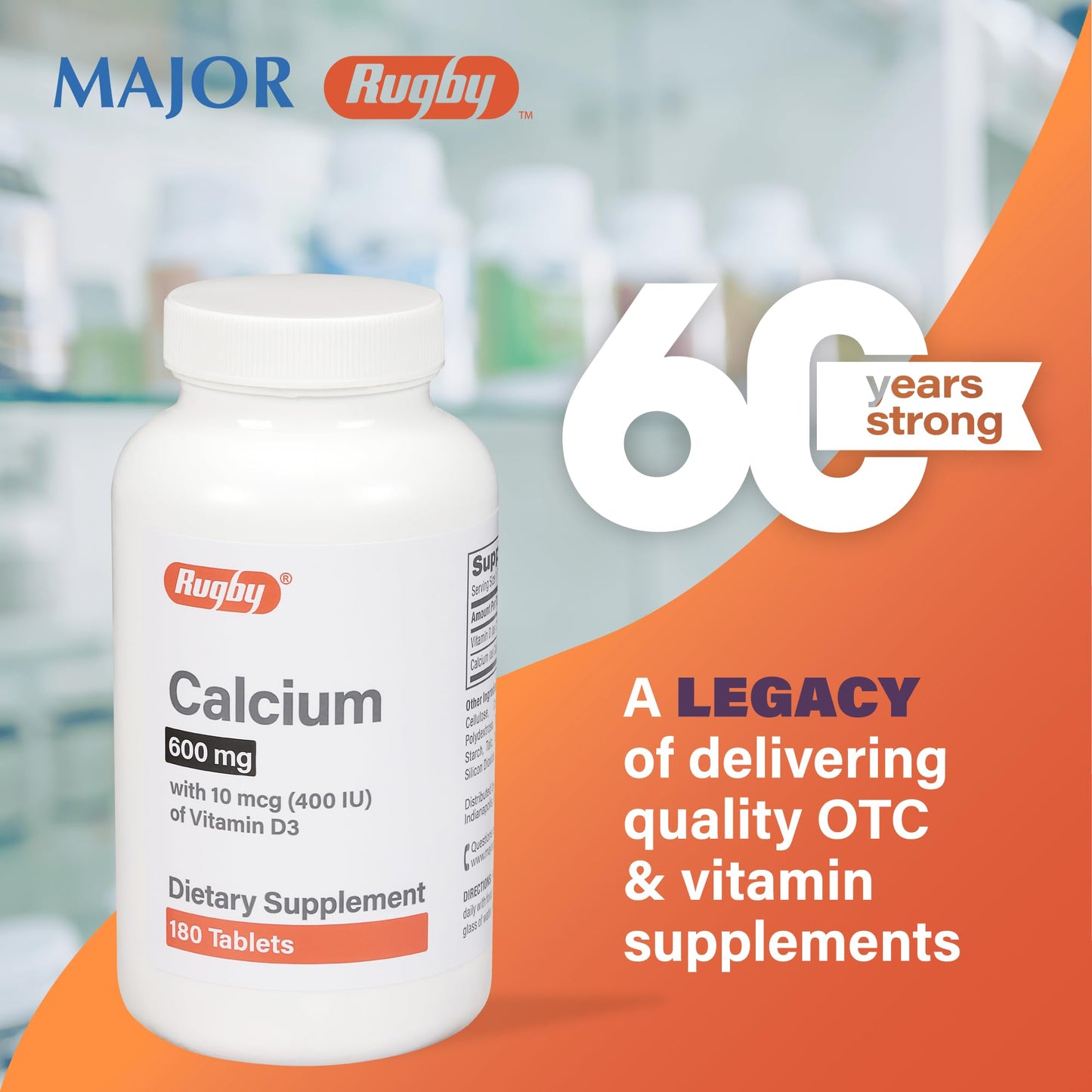 Rugby Calcium Tablets 600mg with Vitamin D3 10mcg (400IU) – 180 Count
