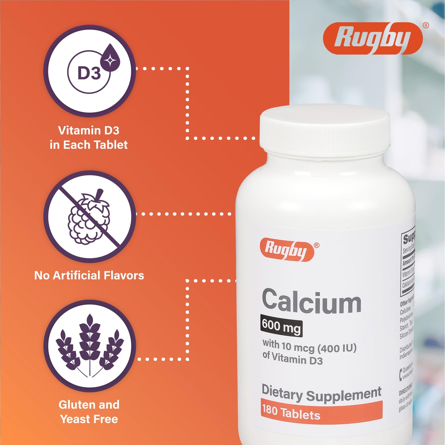 Rugby Calcium Tablets 600mg with Vitamin D3 10mcg (400IU) – 180 Count