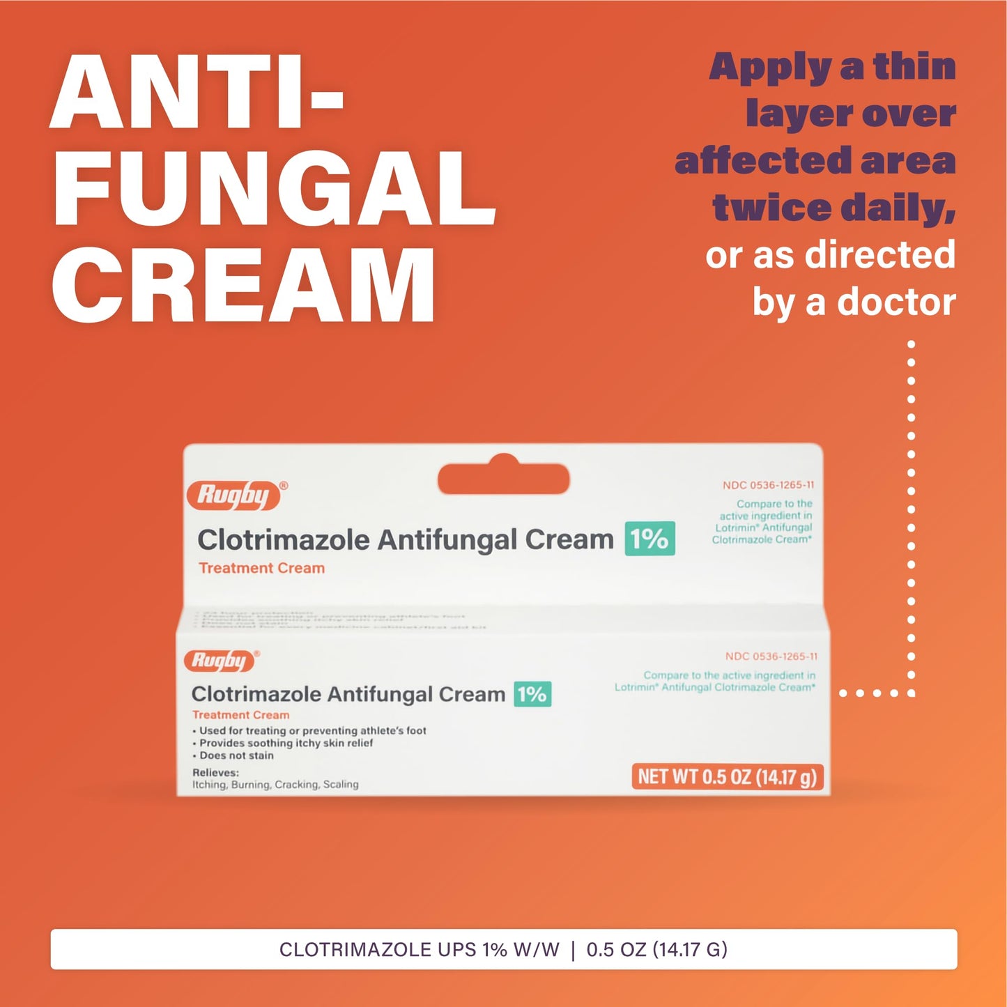 Rugby Clotrimazole 1% Antifungal Cream – Itch Relief for Athlete’s Foot, Ringworm, Jock Itch (0.5 oz) | Rugby Laboratories