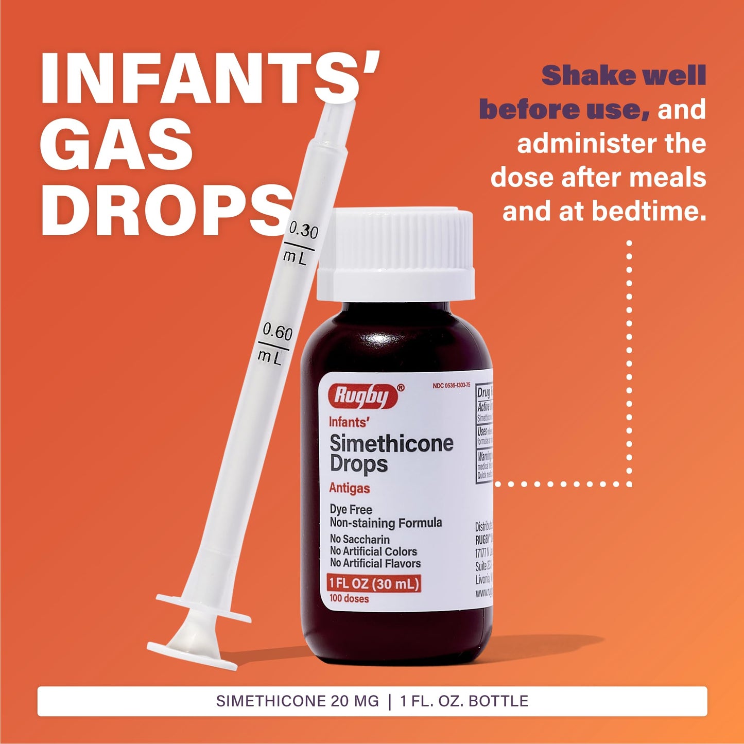 Rugby Dye-Free Infants Gas Drops - Simethicone 20 mg, 1 oz Bottle (4 Pack)