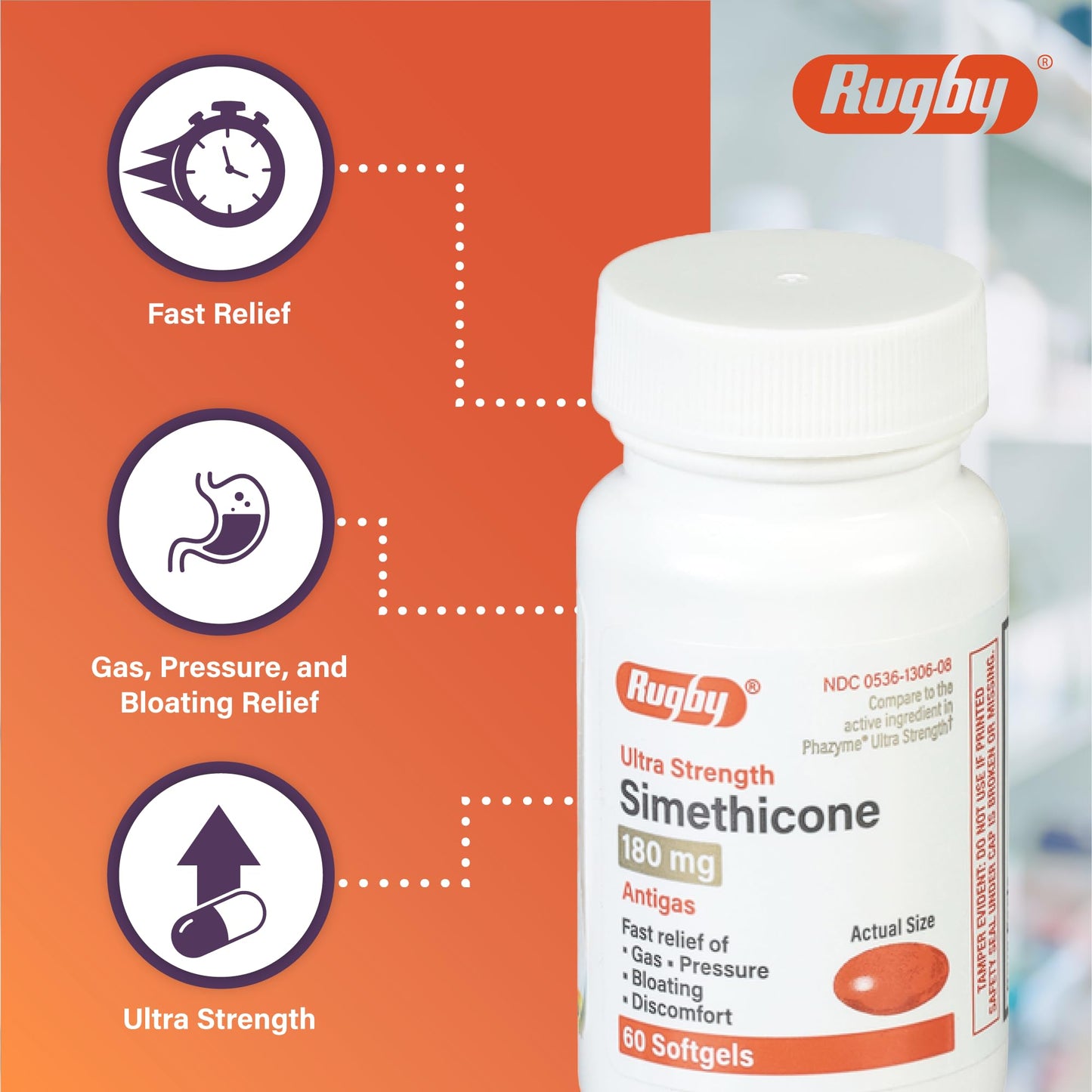Rugby Ultra Strength Simethicone Gas Relief 180 mg – 60 Softgels (4 Pack) for Adults
