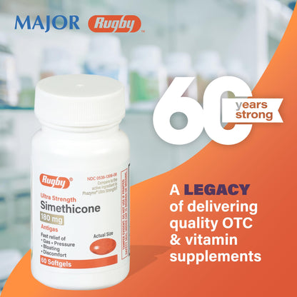 Rugby Ultra Strength Simethicone Gas Relief 180 mg - 60 Softgels (8 Pack) | Rugby Laboratories