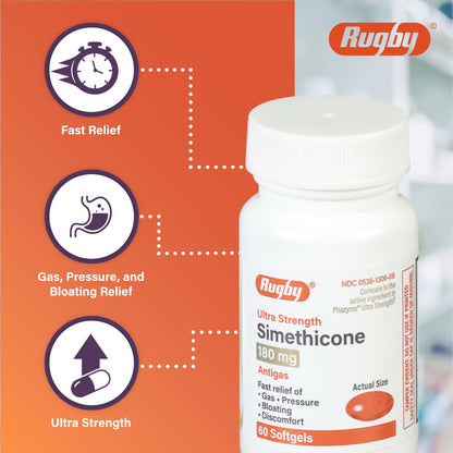 Rugby Ultra Strength Simethicone Gas Relief 180 mg - 60 Softgels (24 Pack) | Rugby Laboratories