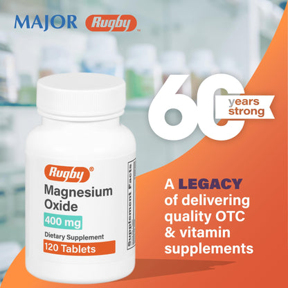 Rugby Magnesium Oxide 400 mg Tablets | Gluten-Free Dietary Supplement | 120 Count
