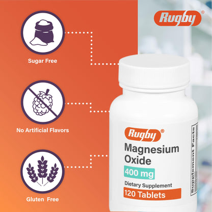 Rugby Magnesium Oxide 400 mg Tablets | Gluten-Free Dietary Supplement | 120 Count