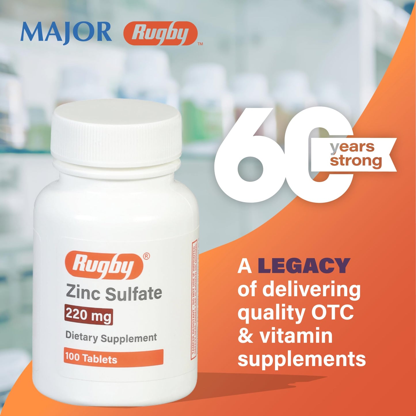 Rugby Zinc Sulfate 220 mg Tablets – 100 Count (2 Pack) – Dietary Supplement