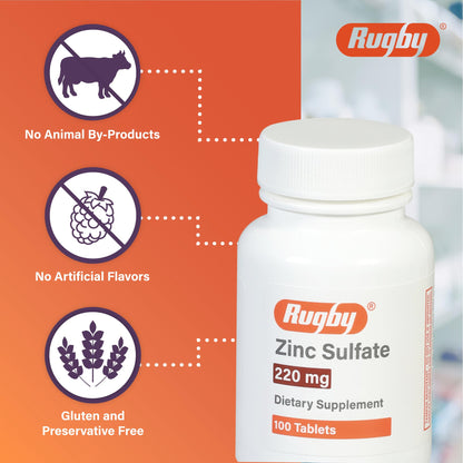 Rugby Zinc Sulfate 220 mg Tablets - Made with Zinc Sulfate Heptahydrate - Dietary Supplement - 100 Count (1 Pack)