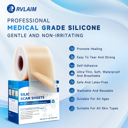 Rvlaim Silicone Scar Sheets Tape Roll 1.6” x 60” – Breathable, Reusable Scar Care for Surgical Scars, Keloids, Stretch Marks