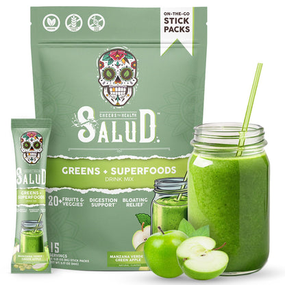 Salud 2-in-1 Greens Powder & Superfoods – 20+ Fruits & Veggies, Probiotics, Vegan (Green Apple, 15 Servings)