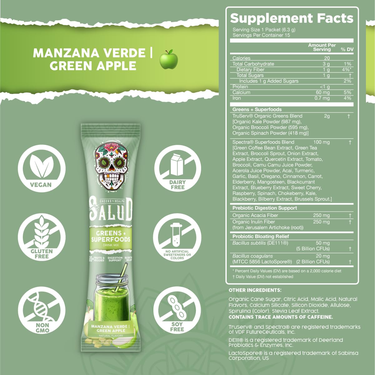 Salud 2-in-1 Greens Powder & Superfoods – 20+ Fruits & Veggies, Probiotics, Vegan (Green Apple, 15 Servings)