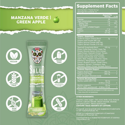 Salud 2-in-1 Greens Powder & Superfoods – 20+ Fruits & Veggies, Probiotics, Vegan (Green Apple, 15 Servings)