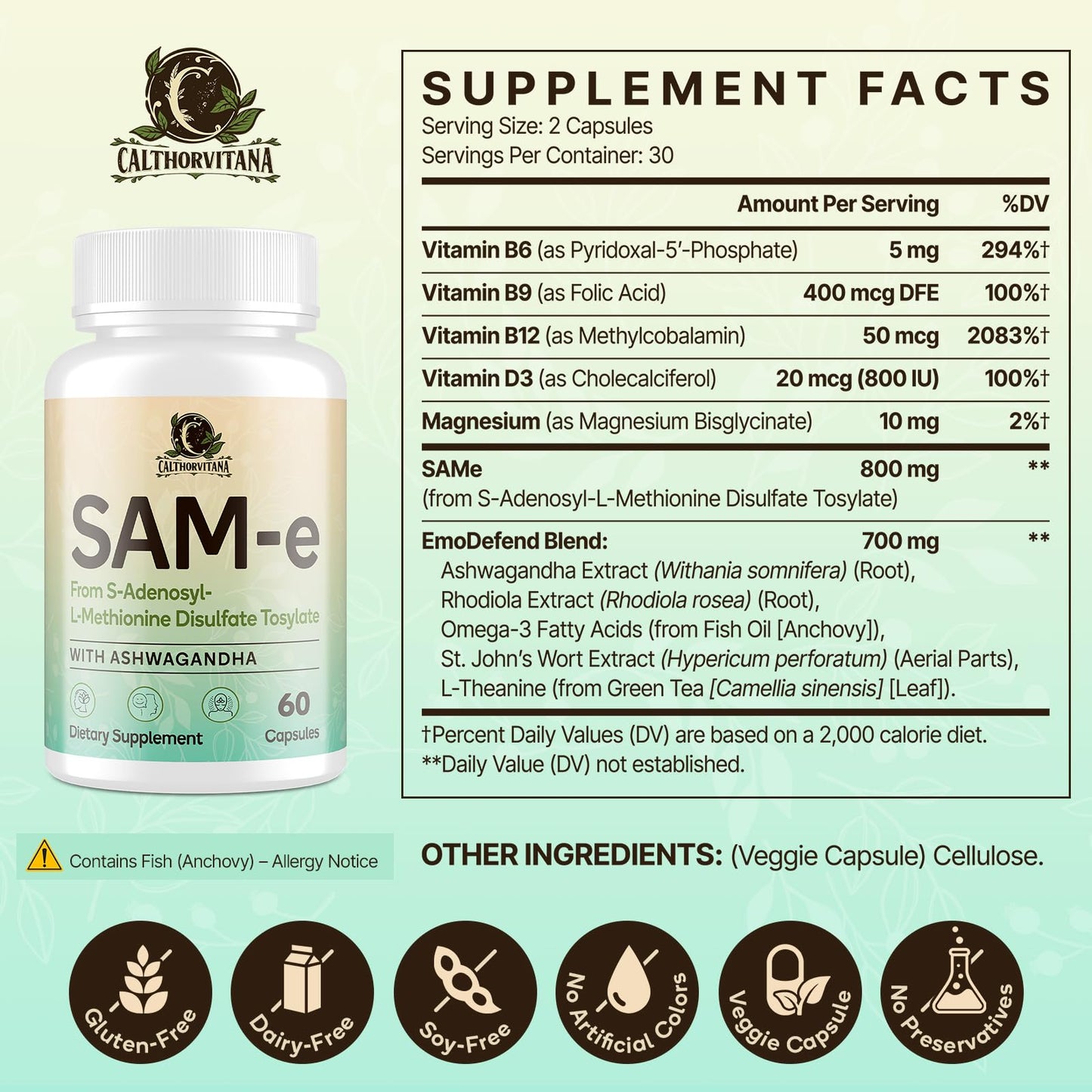 SAM-e Supplement – Capsule Complex with Ashwagandha, L-Theanine, Rhodiola, St. John’s Wort, Omega-3, Magnesium, B Vitamins & D3 (60 Capsules)