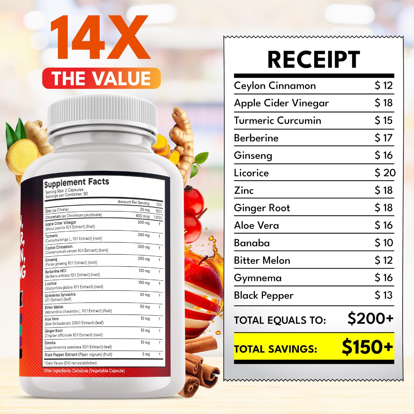 Ceylon Cinnamon Turmeric Apple Cider Vinegar Ginseng Aloe Vera Berberine Banaba Ginger Root - 120 Count