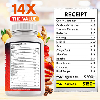 Ceylon Cinnamon Turmeric Apple Cider Vinegar Ginseng Aloe Vera Berberine Banaba Ginger Root - 120 Count