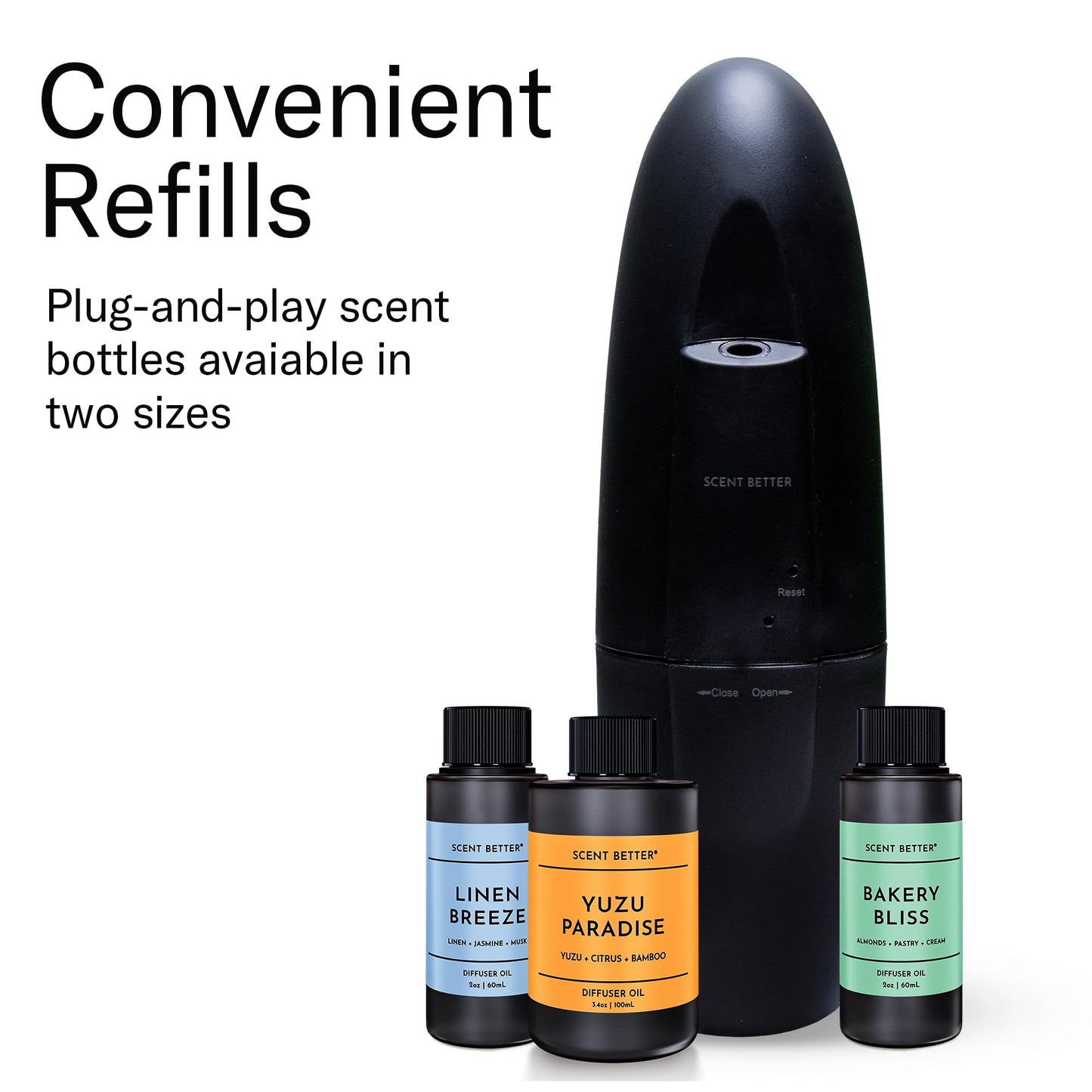 Scent Better Plug-In Waterless Diffuser for 500 sq ft – Free Linen Breeze (60 mL) – Black