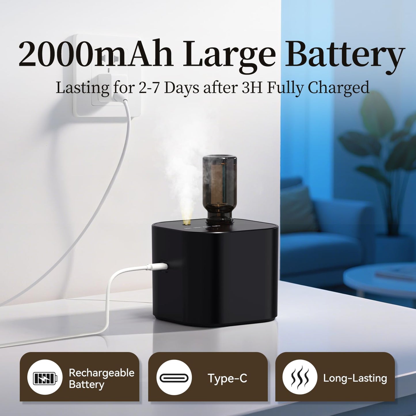 Scent Diffuser – Battery-Operated Waterless Essential Oil Diffuser, Mini Portable, 3 Mist Modes, 400 sq ft, Black