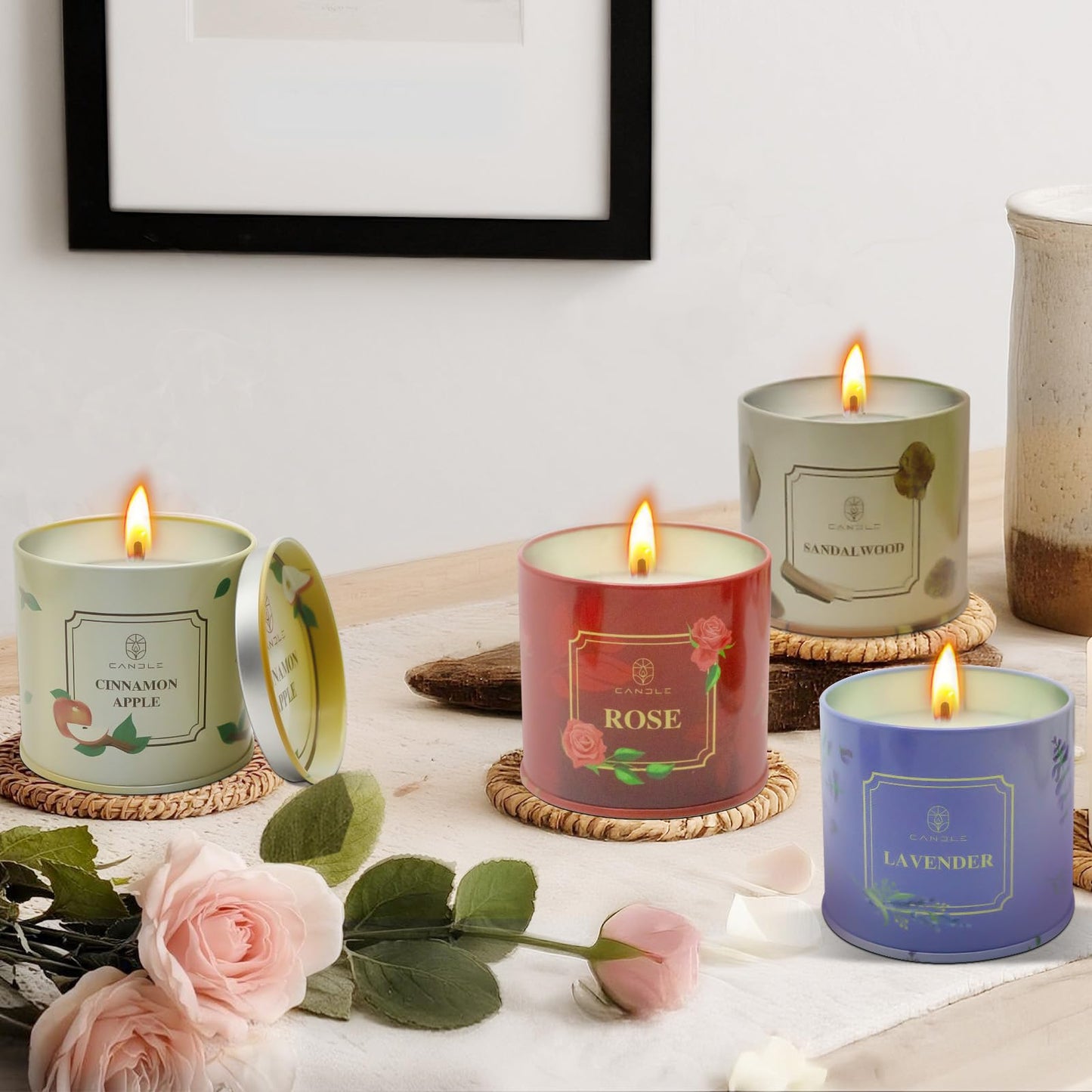Scented Candles 4 Pack – Soy Wax, 50-Hour Burn, Rose, Lavender, Sandalwood & Cinnamon Apple Gift Set
