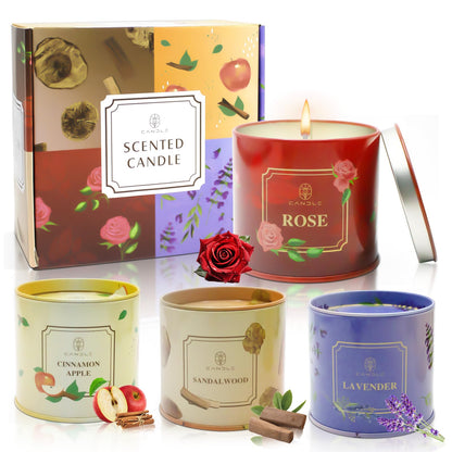 Scented Candles 4 Pack – Soy Wax, 50-Hour Burn, Rose, Lavender, Sandalwood & Cinnamon Apple Gift Set