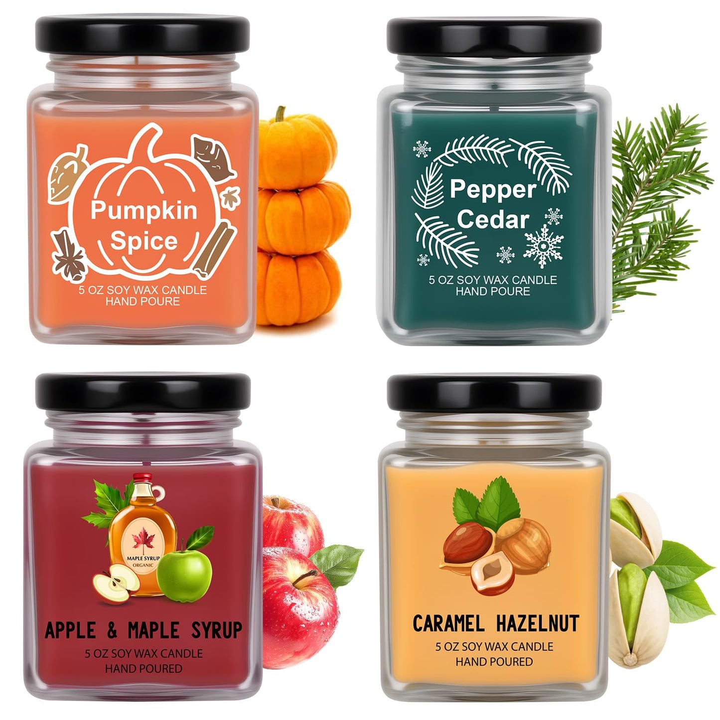 Scented Candles 4 Pack – Soy Candle Set for Home Decor & Gifts (Pumpkin Spice, Apple Maple Syrup, Caramel Hazelnut, Pepper Cedar)