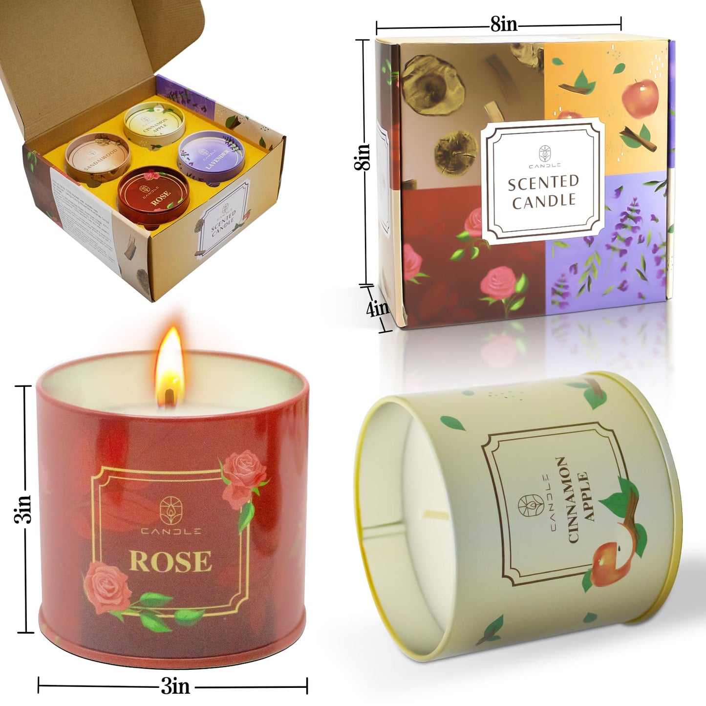 Scented Candles 4 Pack – Soy Wax, 50-Hour Burn, Rose, Lavender, Sandalwood & Cinnamon Apple Gift Set