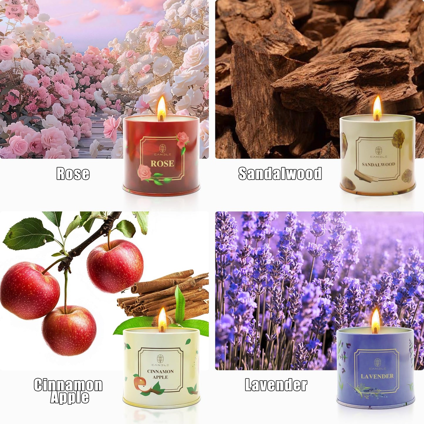 Scented Candles 4 Pack – Soy Wax, 50-Hour Burn, Rose, Lavender, Sandalwood & Cinnamon Apple Gift Set