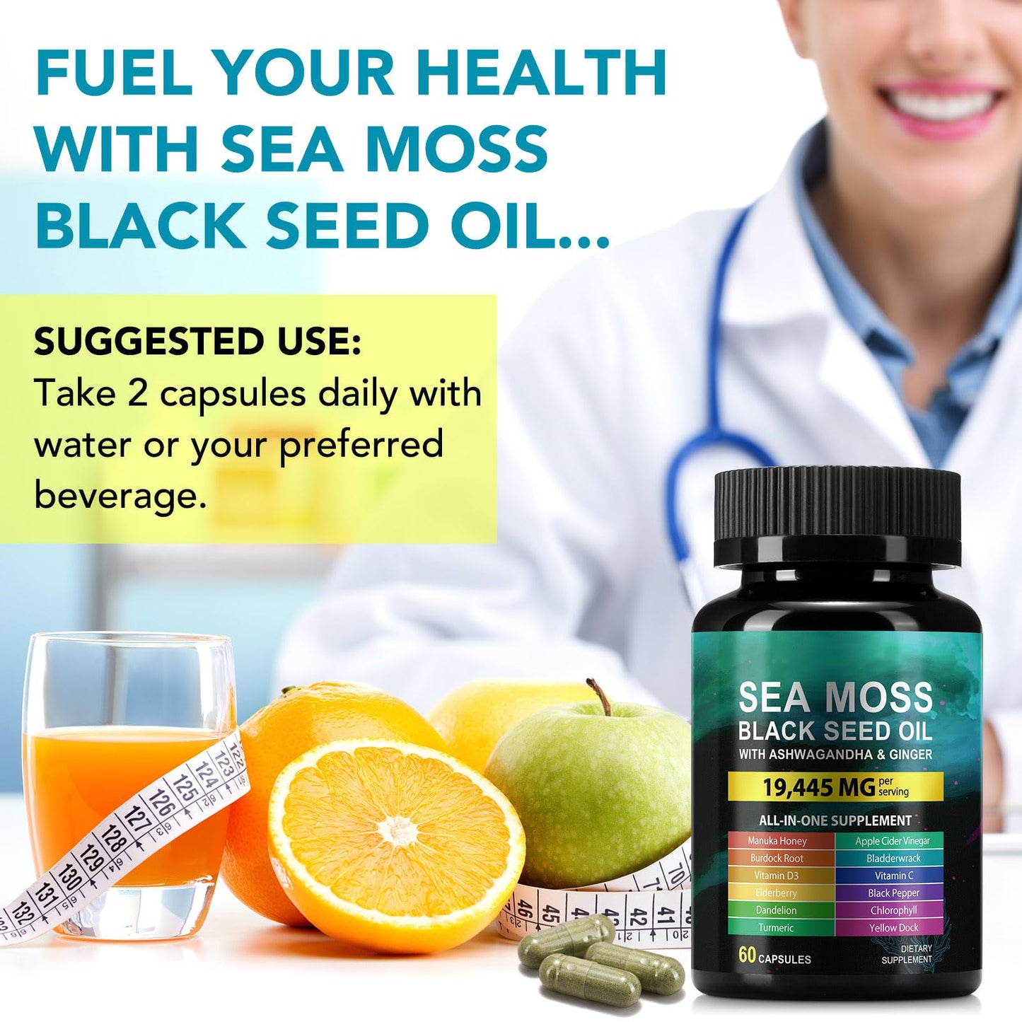 Sea Moss Black Seed Oil Capsule – Ashwagandha & Ginger | Immunity & Energy | 60 Count